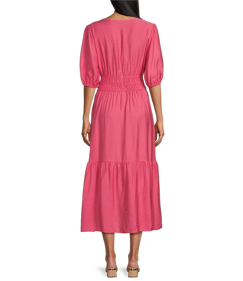 Investments Petite Size Short Cuff Sleeve Split Round Neck Maxi Crinkle Dress