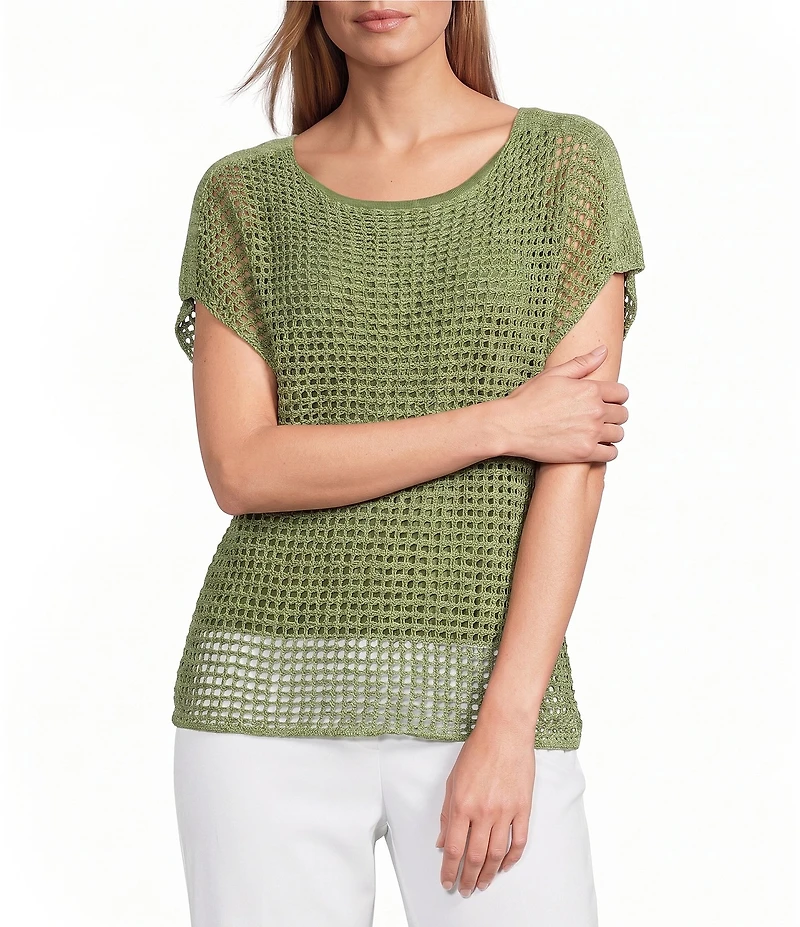 Investments Petite Size Short Sleeve Crew Neck Open Stitch Top