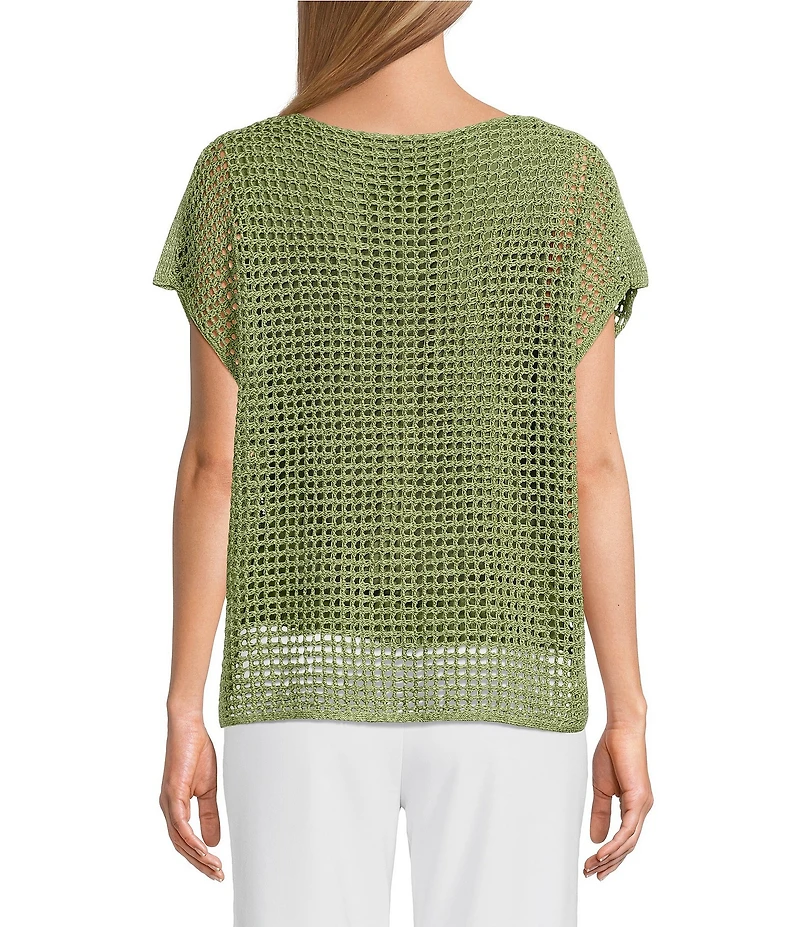 Investments Petite Size Short Sleeve Crew Neck Open Stitch Top