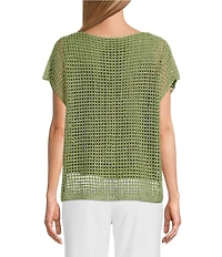 Investments Petite Size Short Sleeve Crew Neck Open Stitch Top