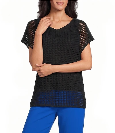 Investments Petite Size Short Sleeve Crew Neck Open Stitch Top