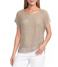 Investments Petite Size Short Sleeve Crew Neck Open Stitch Top