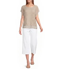 Investments Petite Size Short Sleeve Crew Neck Open Stitch Top
