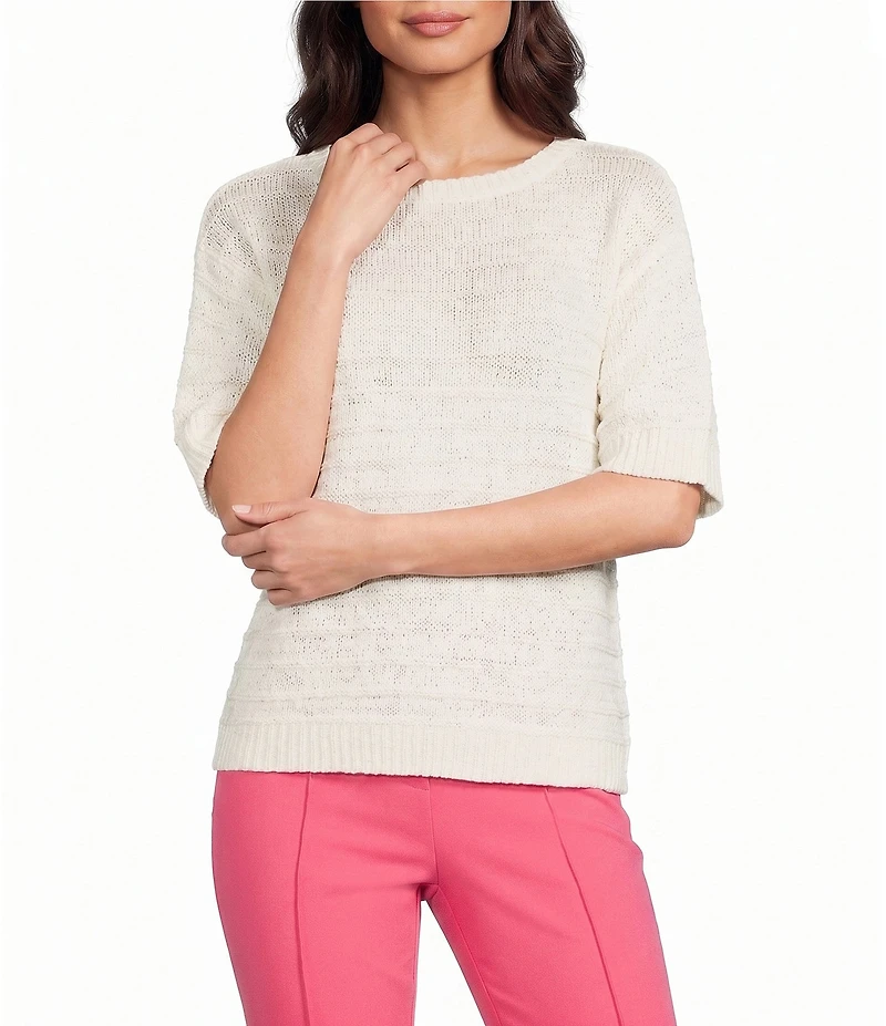 Investments Petite Size Short Sleeve Crew Neck Tape Yarn Top