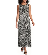 Investments Petite Size Stamped Palm Print Linen Blend Sleeveless Crew Neck Maxi Dress