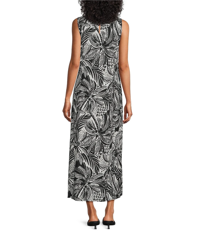 Investments Petite Size Stamped Palm Print Linen Blend Sleeveless Crew Neck Maxi Dress