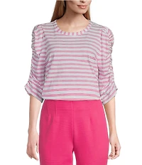 Investments Petite Size Striped Print 3/4 Ruched Sleeve Crew Neck Top