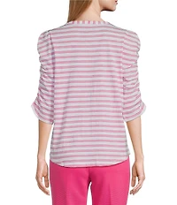 Investments Petite Size Striped Print 3/4 Ruched Sleeve Crew Neck Top
