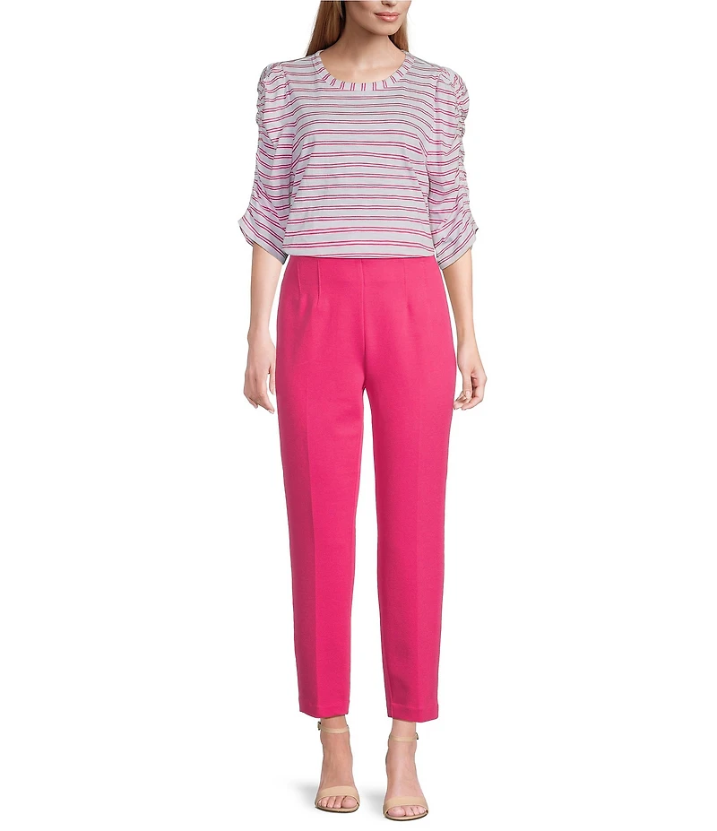 Investments Petite Size Striped Print 3/4 Ruched Sleeve Crew Neck Top
