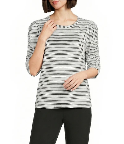 Investments Petite Size Striped Print 3/4 Ruched Sleeve Crew Neck Top