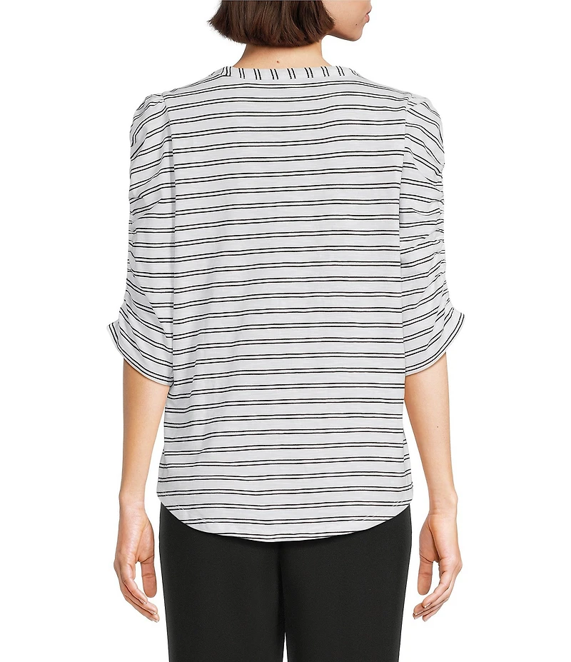 Investments Petite Size Striped Print 3/4 Ruched Sleeve Crew Neck Top