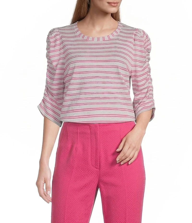 Investments Petite Size Striped Print 3/4 Ruched Sleeve Crew Neck Top