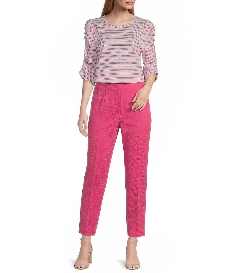 Investments Petite Size Striped Print 3/4 Ruched Sleeve Crew Neck Top