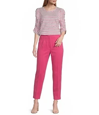 Investments Petite Size Striped Print 3/4 Ruched Sleeve Crew Neck Top