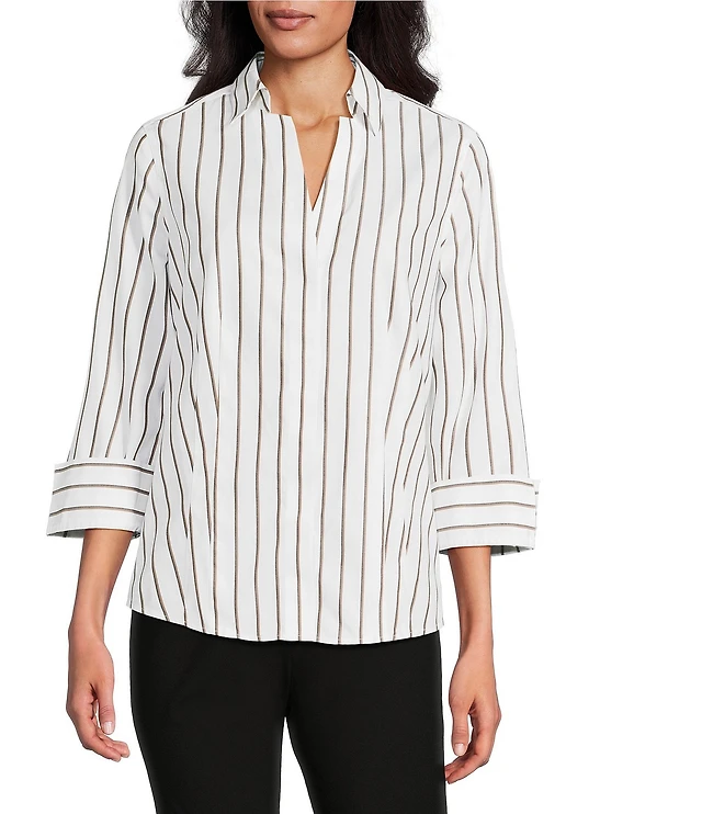Investments Petite Size Taylor Gold Label Non-Iron Neutral Stripe 3/4 Sleeve Button Front Shirt at CoolSprings Galleria in Franklin, TN Investments Petite Size Taylor Gold Label Non-Iron Neutral Stripe 3/4 Sleeve Button Front Shirt at CoolSprings Galleria in Franklin, TN