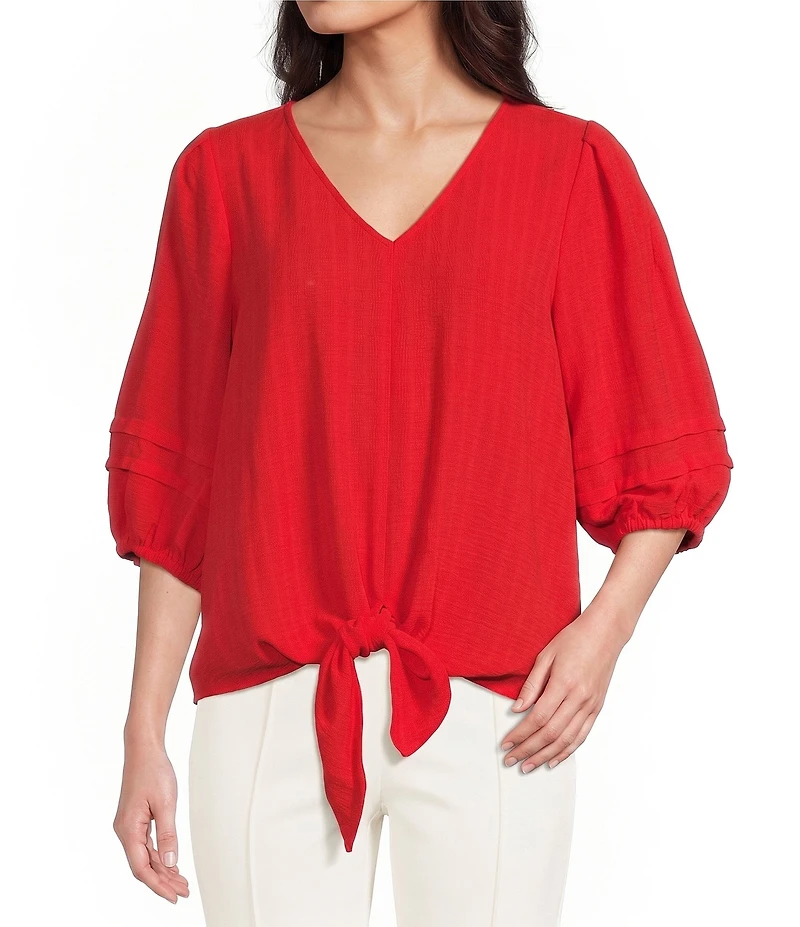 Investments Petite Size Textured Stripe Tie Front V-Neck 3/4 Sleeve Top