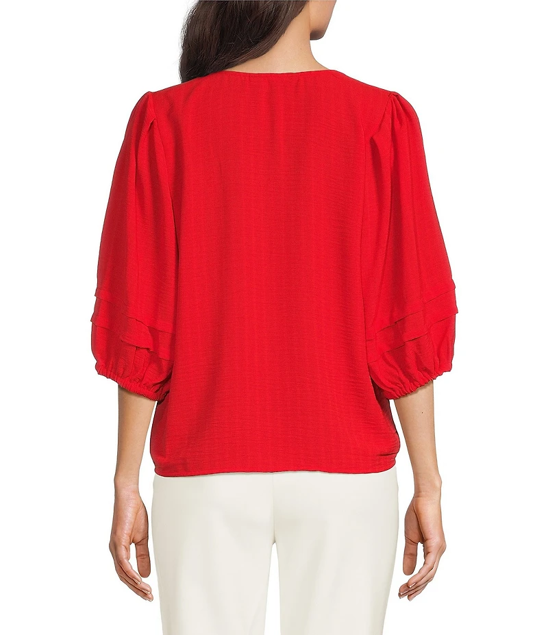 Investments Petite Size Textured Stripe Tie Front V-Neck 3/4 Sleeve Top