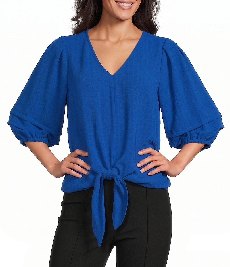 Investments Petite Size Textured Stripe Tie Front V-Neck 3/4 Sleeve Top