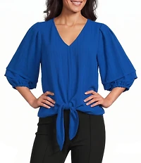 Investments Petite Size Textured Stripe Tie Front V-Neck 3/4 Sleeve Top