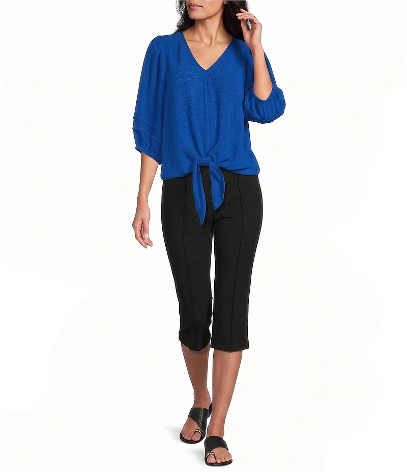 Investments Petite Size Textured Stripe Tie Front V-Neck 3/4 Sleeve Top