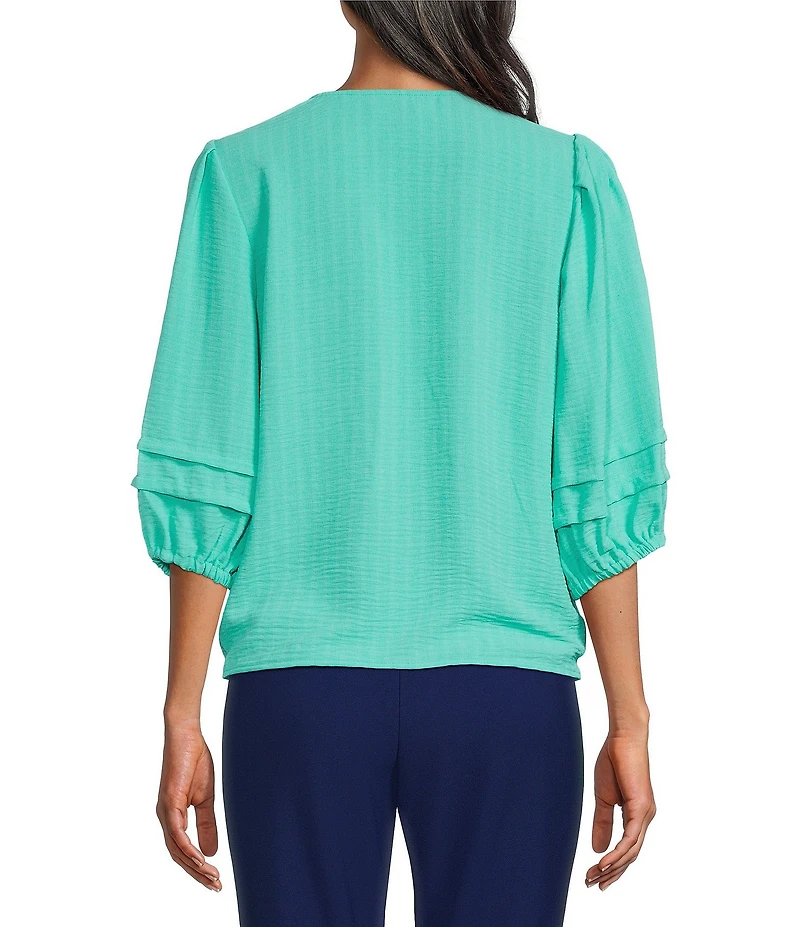 Investments Petite Size Textured Stripe Tie Front V-Neck 3/4 Sleeve Top