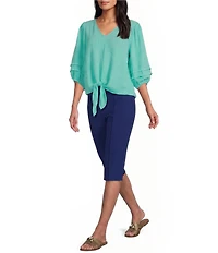 Investments Petite Size Textured Stripe Tie Front V-Neck 3/4 Sleeve Top