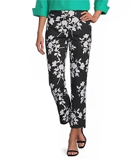 Investments Petite Size the PARK AVE fit Elite Stretch Black Monotone Floral Print Ankle Straight Leg Pants