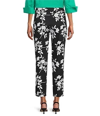 Investments Petite Size the PARK AVE fit Elite Stretch Black Monotone Floral Print Ankle Straight Leg Pants