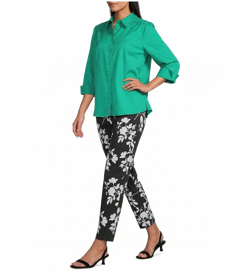 Investments Petite Size the PARK AVE fit Elite Stretch Black Monotone Floral Print Ankle Straight Leg Pants