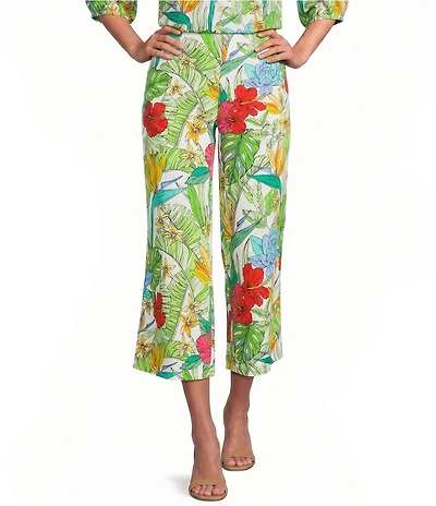 Investments Petite Size Tropical Floral Print Pull-On Wide Leg Crop Coordinating Pants