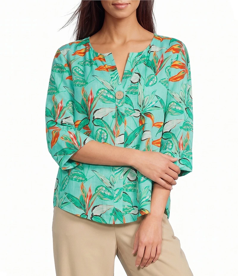 Investments Petite Size Vibrant Palm Print 3/4 Sleeve Split V-Neck Button Shirt