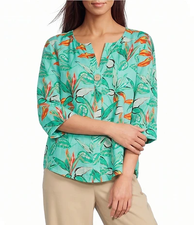 Investments Petite Size Vibrant Palm Print 3/4 Sleeve Split V-Neck Button Shirt