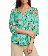 Investments Petite Size Vibrant Palm Print 3/4 Sleeve Split V-Neck Button Shirt