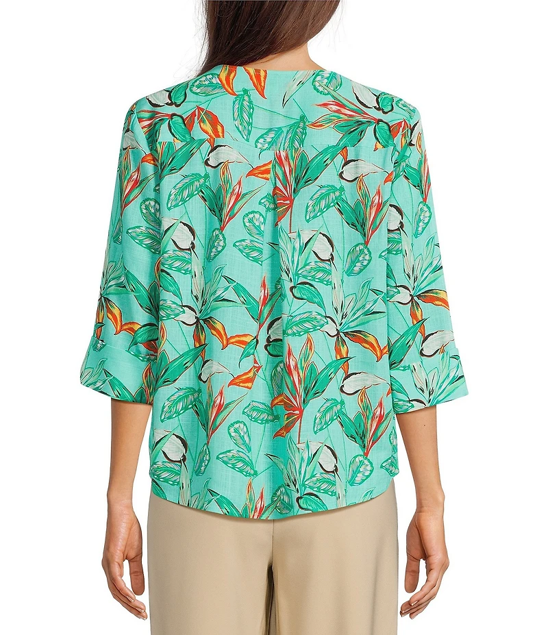 Investments Petite Size Vibrant Palm Print 3/4 Sleeve Split V-Neck Button Shirt