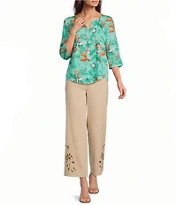 Investments Petite Size Vibrant Palm Print 3/4 Sleeve Split V-Neck Button Shirt