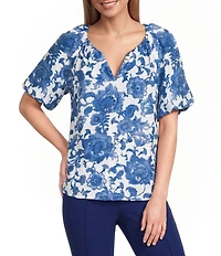 Investments Petite Size Viney Floral Print 3/4 Bubble Sleeve Split Round Neck Blouse