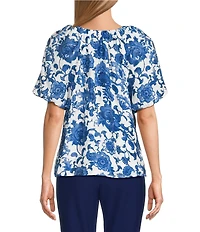 Investments Petite Size Viney Floral Print 3/4 Bubble Sleeve Split Round Neck Blouse
