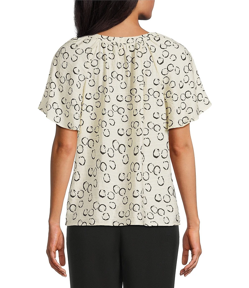 Investments Petite Size Watermark Dot Print Short Ruffle Sleeve Split-V Neck Blouse