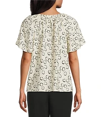 Investments Petite Size Watermark Dot Print Short Ruffle Sleeve Split-V Neck Blouse