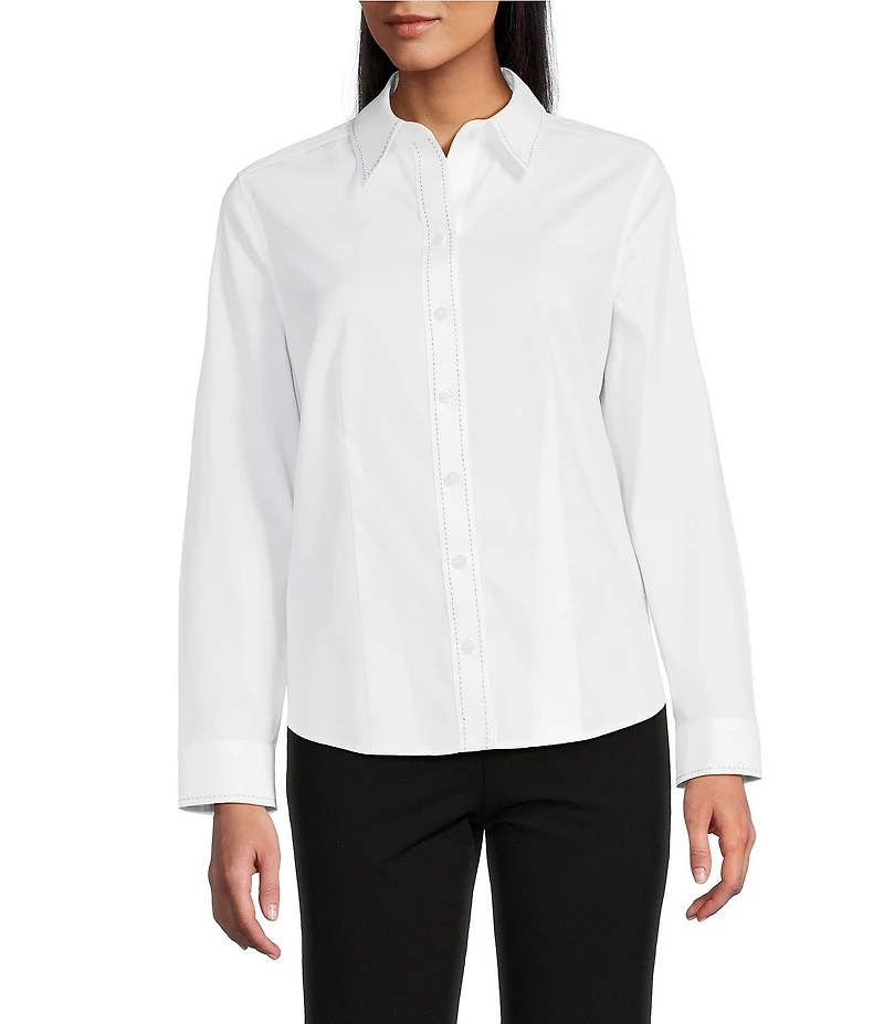 Investments Petite Size White Woven Long Sleeve Point Collar Button Front Top