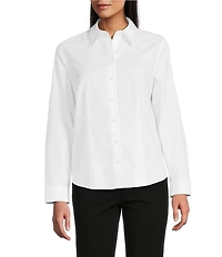 Investments Petite Size White Woven Long Sleeve Point Collar Button Front Top