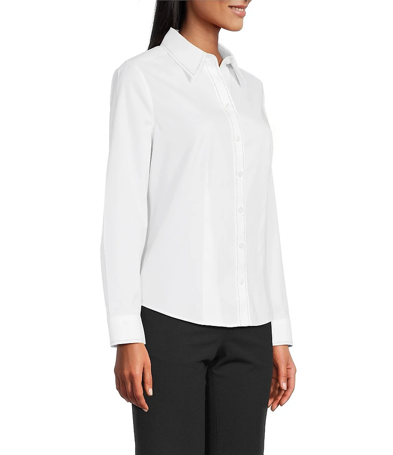 Investments Petite Size White Woven Long Sleeve Point Collar Button Front Top