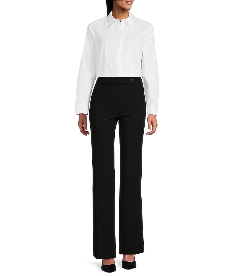 Investments Petite Size White Woven Long Sleeve Point Collar Button Front Top