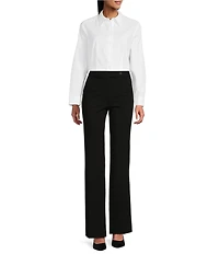 Investments Petite Size White Woven Long Sleeve Point Collar Button Front Top