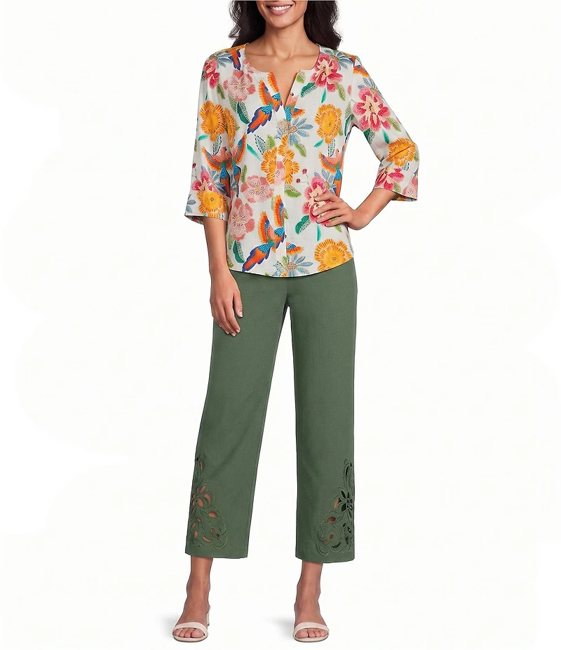 Investments Petite Size Wide Leg Embroidery Cut Out Crop Pants