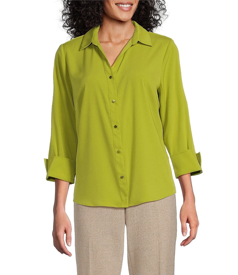 Investments Petite Size Woven 3/4 Sleeve Point Collar Button Front Split Cuff Top