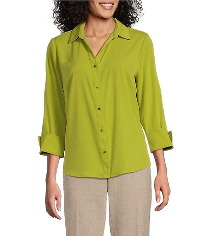 Investments Petite Size Woven 3/4 Sleeve Point Collar Button Front Split Cuff Top
