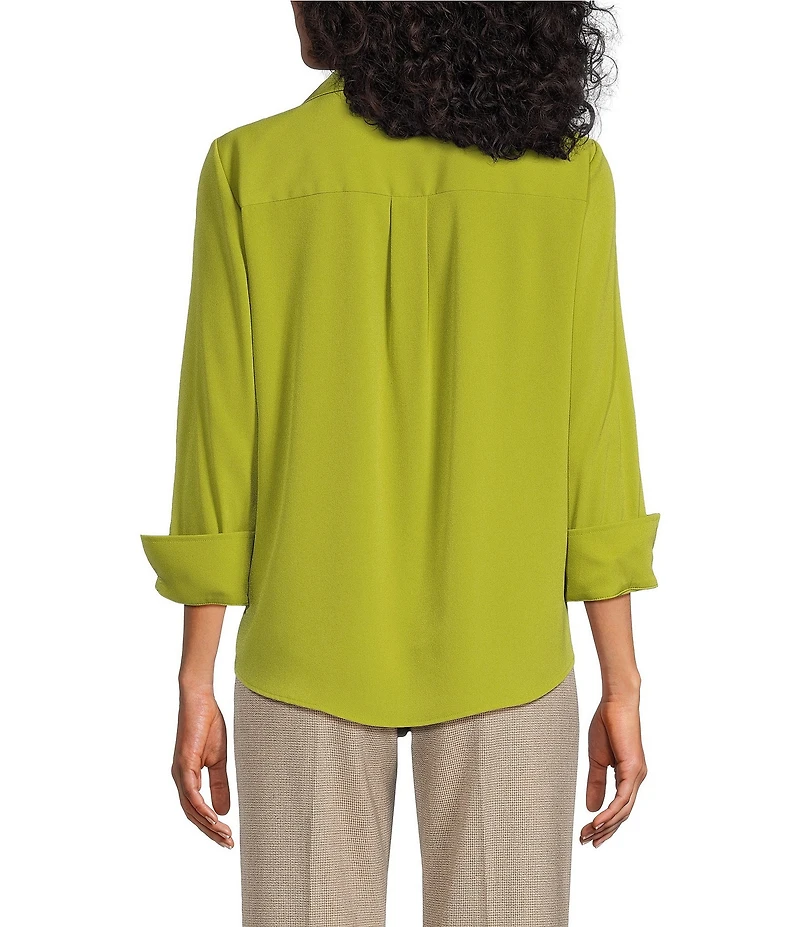 Investments Petite Size Woven 3/4 Sleeve Point Collar Button Front Split Cuff Top