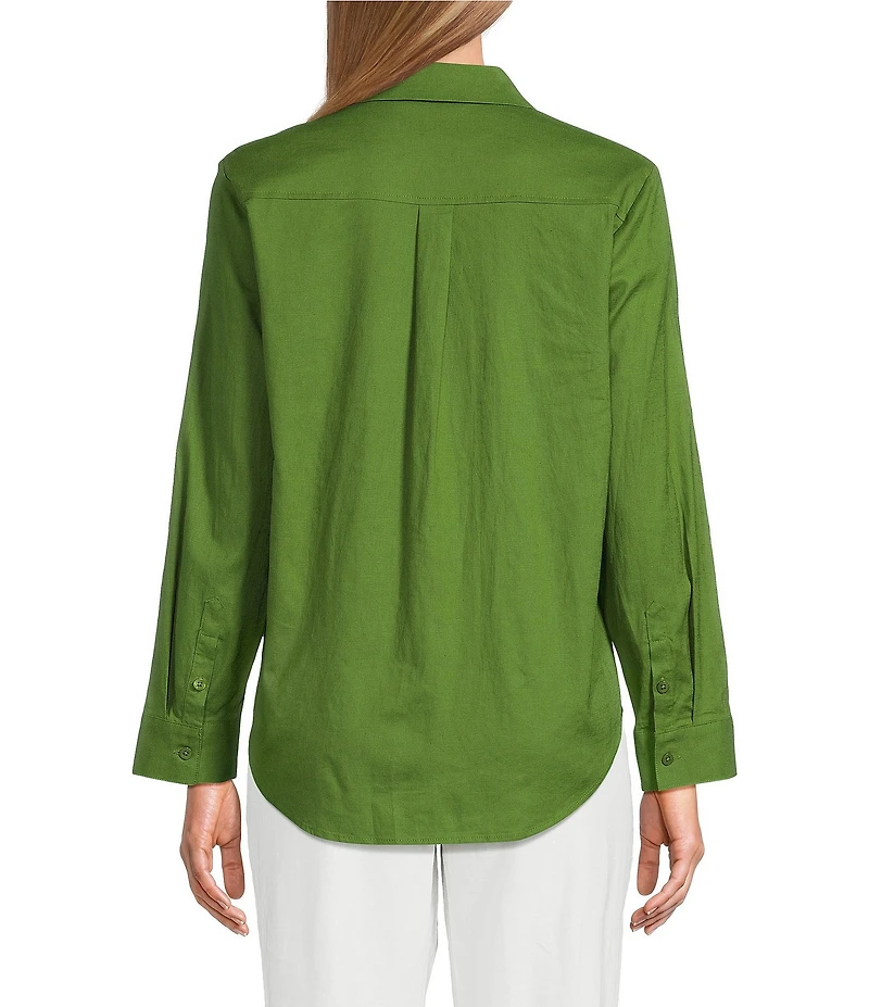 Investments Petite Size Woven Long Sleeve Point Collar Button Front Top