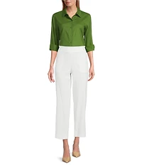 Investments Petite Size Woven Long Sleeve Point Collar Button Front Top